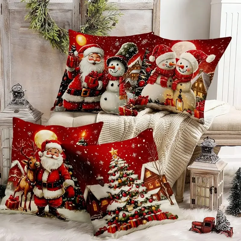 Christmas Cushion Cover Red Santa Snowman Reindeer Xmas Tree Throw Pillow Cover Sofa Christmas Party Home Decor