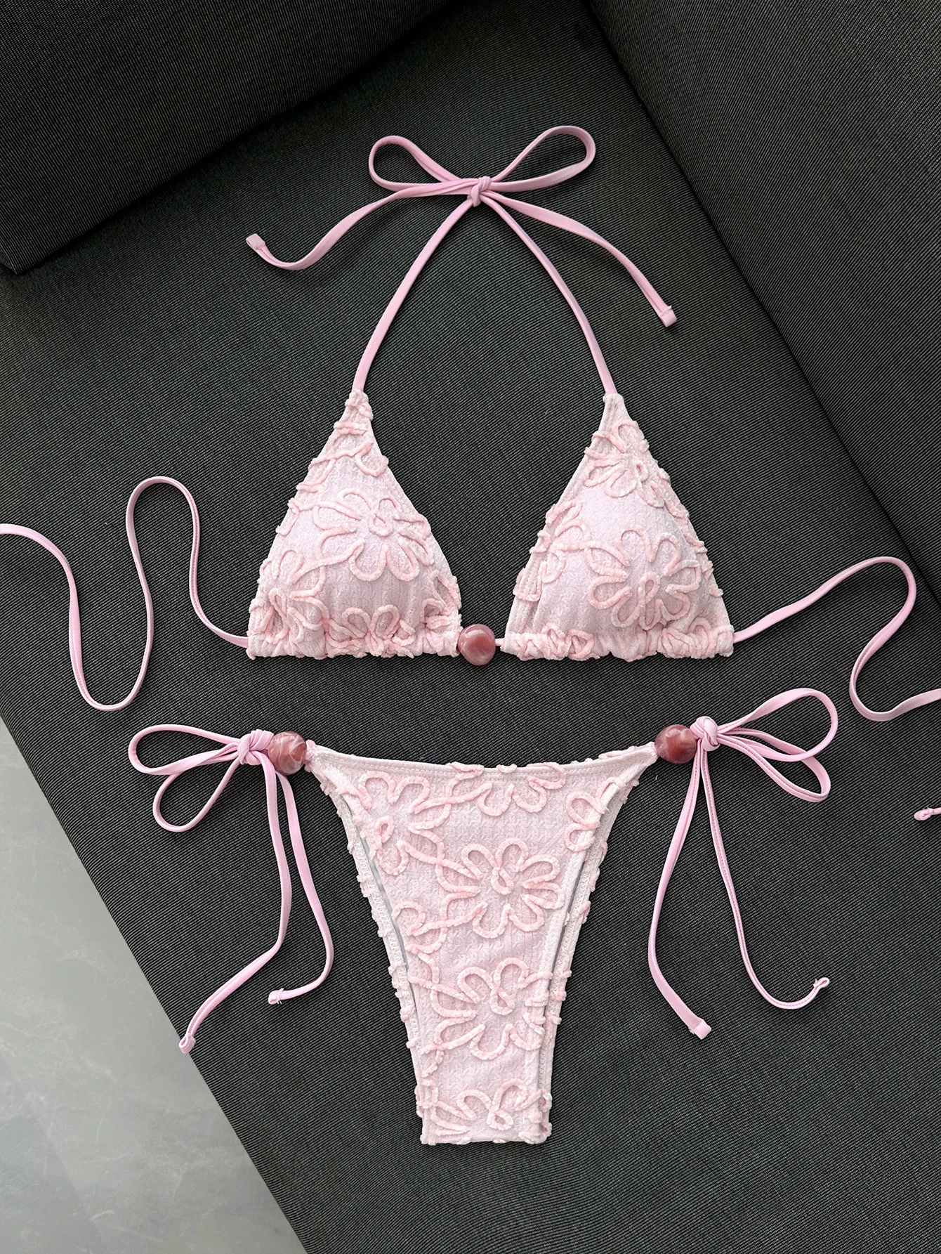 Sexy 3D Flower Bikini Set 2026 Women Pink Hole Out Push Up Bra Stone Thong Swimsuit Summer Bandage Bathing Suit Micro Swimwear