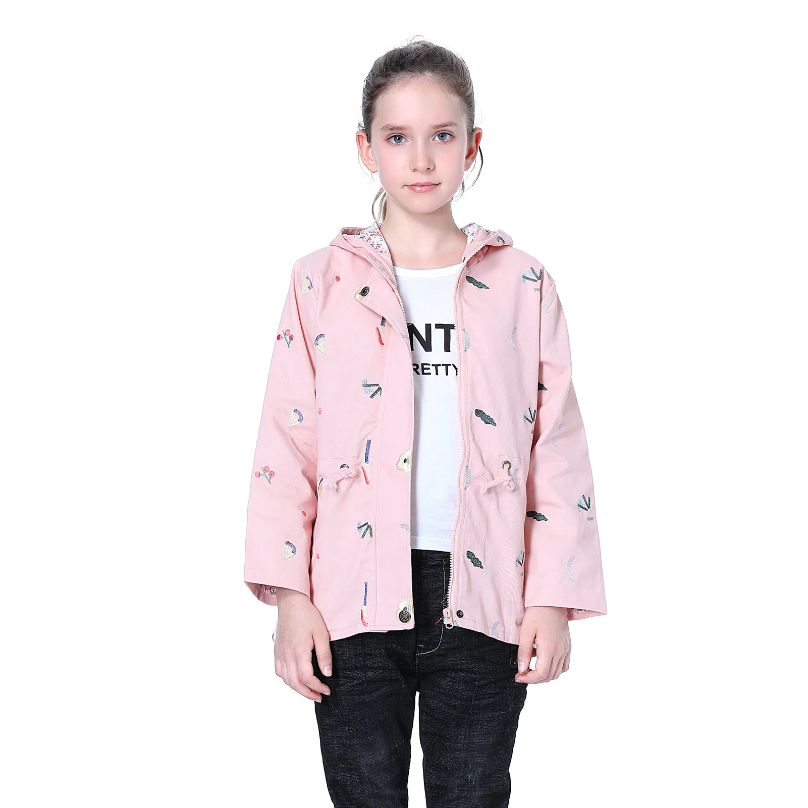 Children's Transition Jacket,Girls Cotton Spring Autumn Jacket,Floral Embroidery Hood Trench Coat,Softshell Jacket Windbreaker