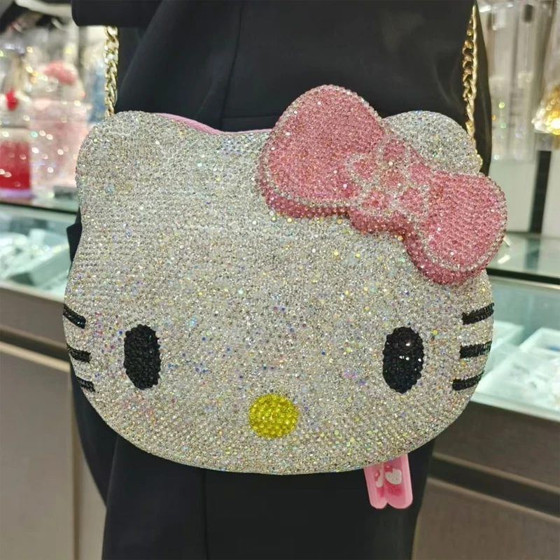 Sanrio Hello Kitty Cartoon Shape Dinner Bag Handmade Diamond Clutch Bag  Gift For Women New Anime Fashion Messenger Bag