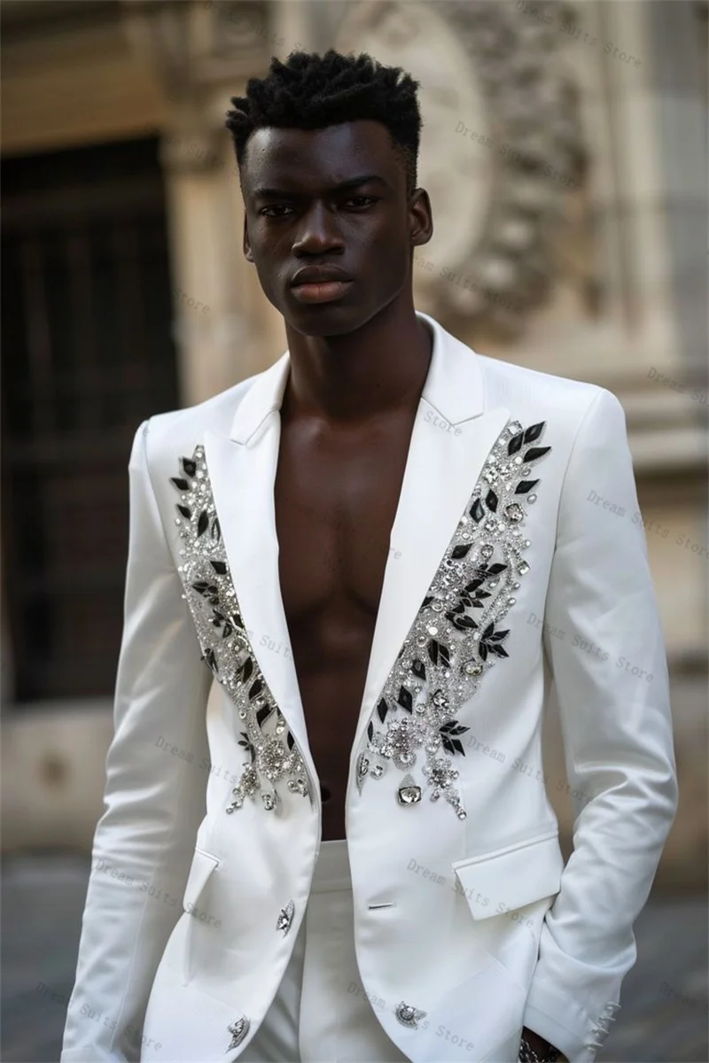 

Luxury Crystals Men Suit Set 2 Piece White Blazer+Pants Trousers Customized Formal Office Jacket Male Groom Wedding Tuxedos Coat