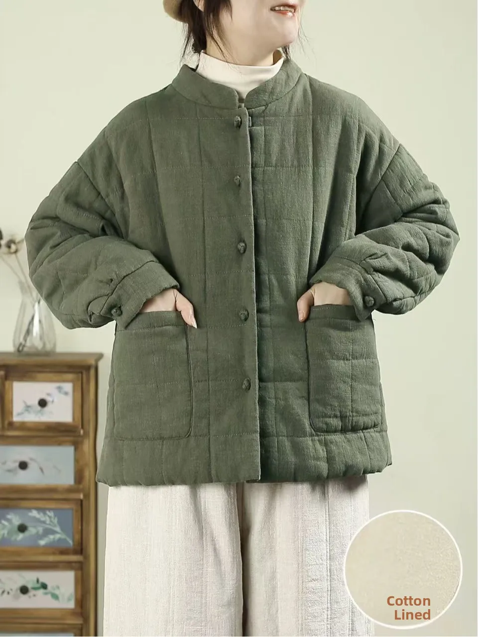 Warm Cotton Jaet Retro Sle Stand Collar Buttoned Coat Thiened Winter Outerwear for Women Brand Label Removed