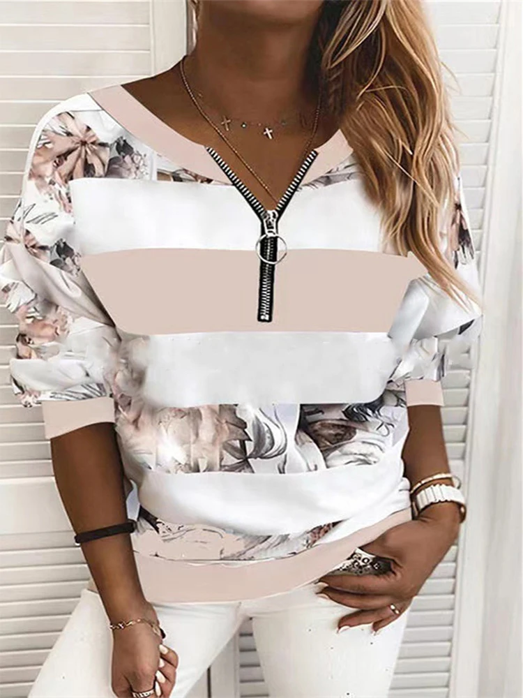 V-Neck Long Sleeve Pullover Women\'s Printed Striped Spring Autumn T-Shirt Daily Casual Loose Top Clothes