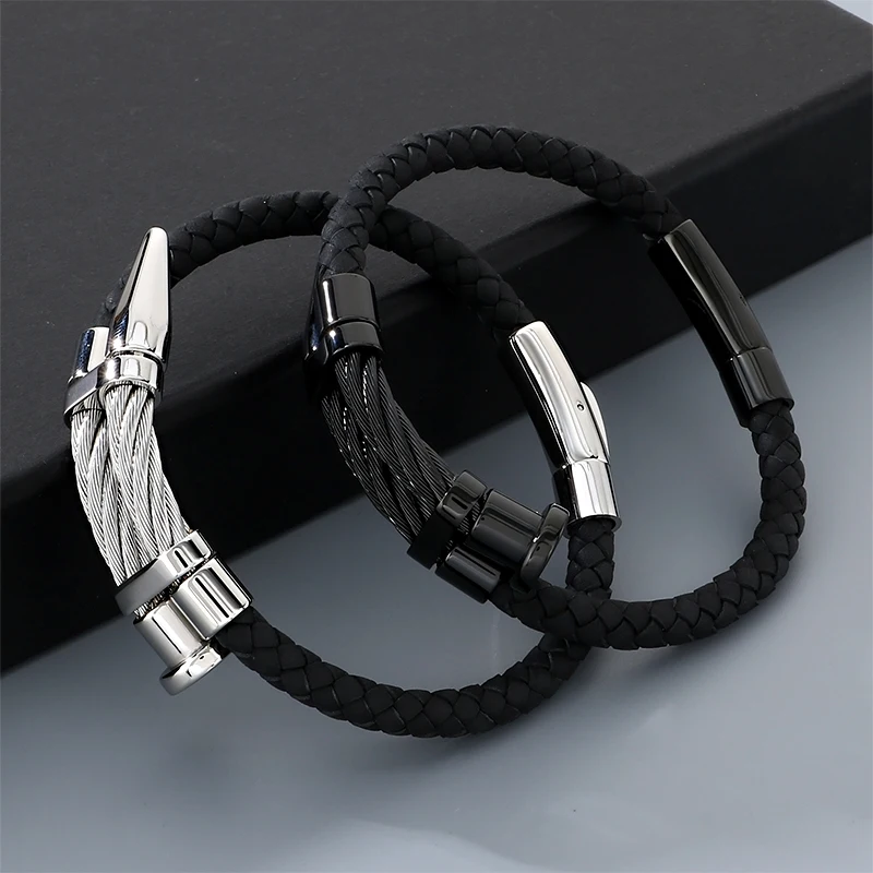 Punk Braided Leather Bracelet Men's Stainless Steel Cable Design Bangle Black Color Wristband Jewelry for Daily Wear & Gift