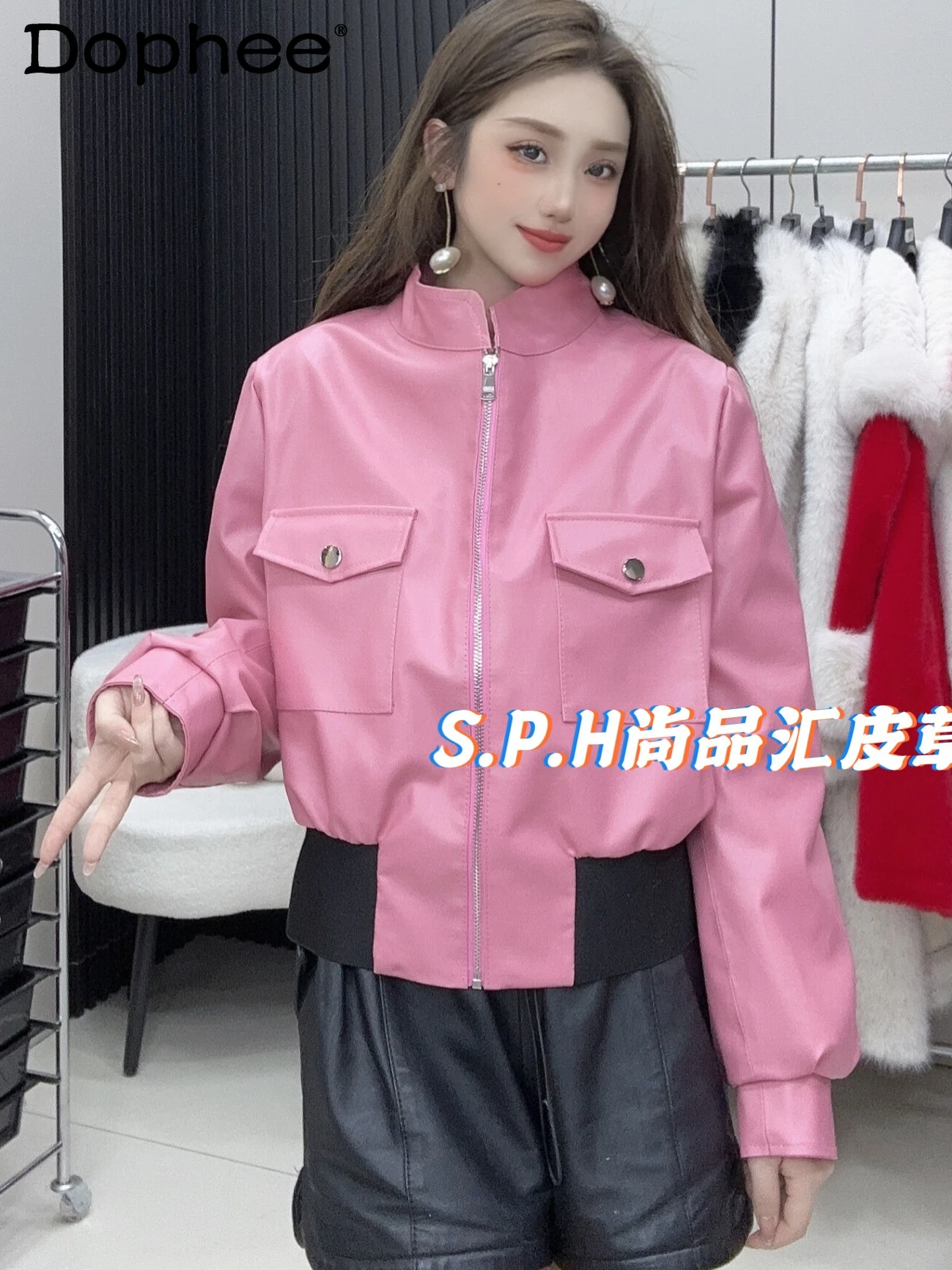 

European Goods Casual Leather Clothing Jacket Women Spring Autumn Stand Collar Slimming Long Sleeve Pink Zipper Coat Female