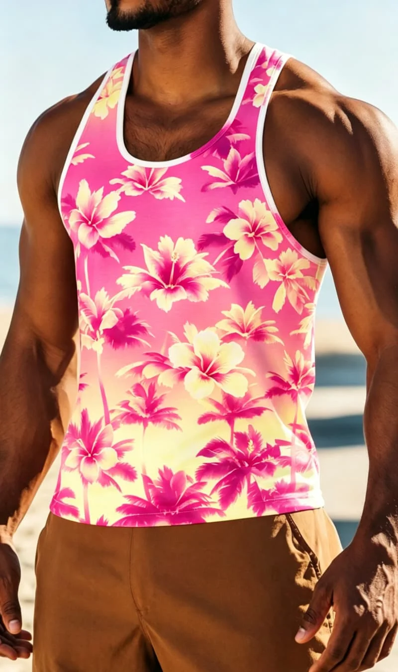 Men's neon gradient printed sleeveless Tank, suitable for summer parties, dates, daily commuting, and casual wear
