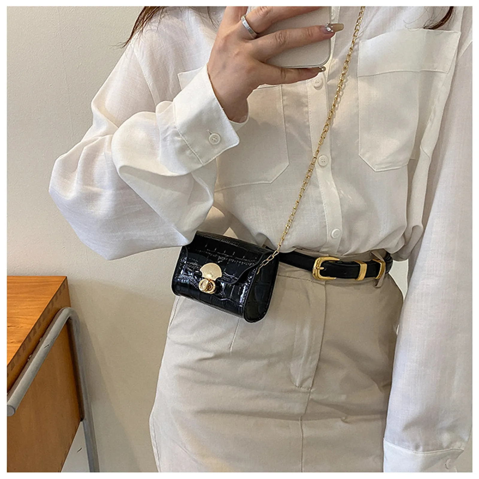 Korean Style Bright Surface Shoulder Bag for Women Fashion Solid Color Crossbody Bag Leather Girl Mini Chain Square Bag Wallet