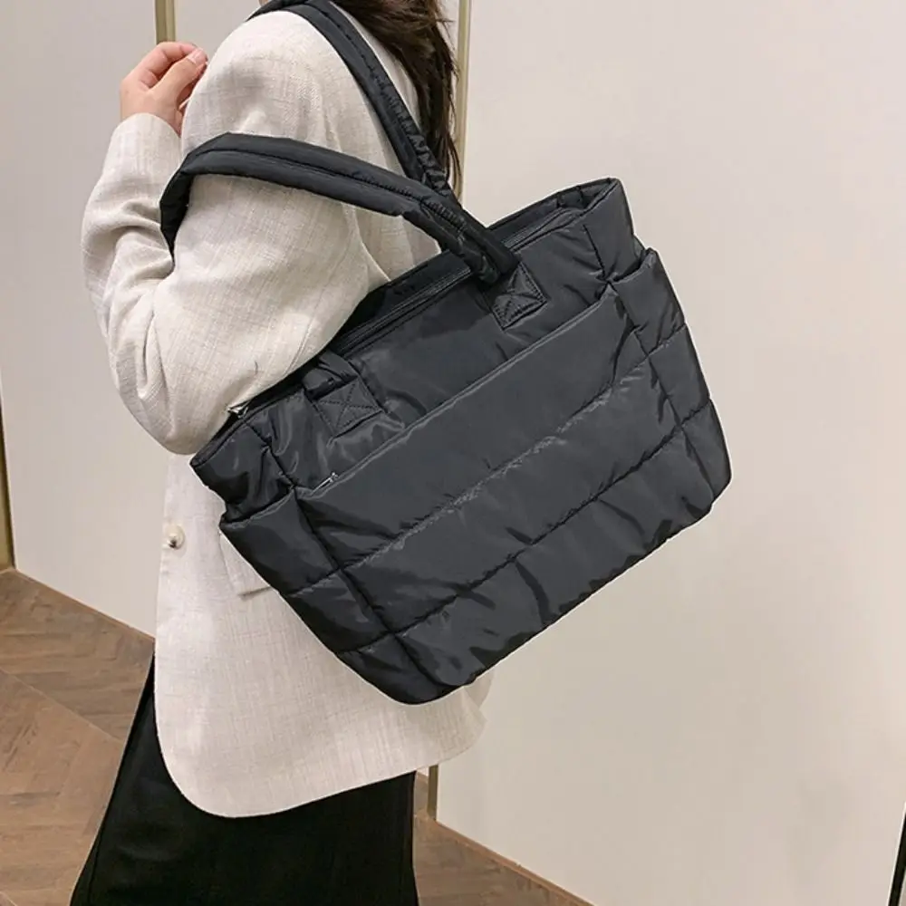 

Korean Style Down Cotton Shoulder Bag Solid Color Lightweight Puffy Bag Space Cotton Large Capacity Nylon Handbag Office Worker