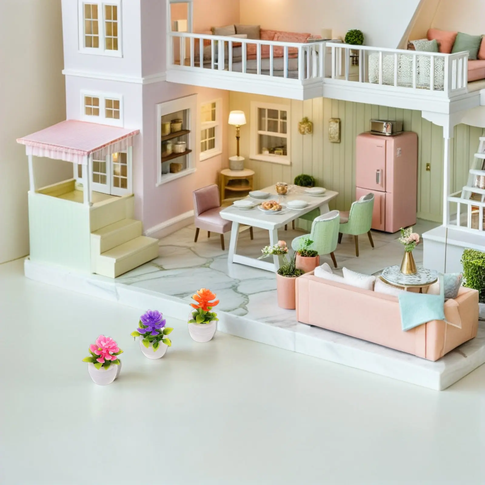 9Pcs Mini Potted Plants Colorful Plastic Flower Pots Set Miniature Landscape Decoration for Shelf Desk Office Bedroom Dollhouse view 4