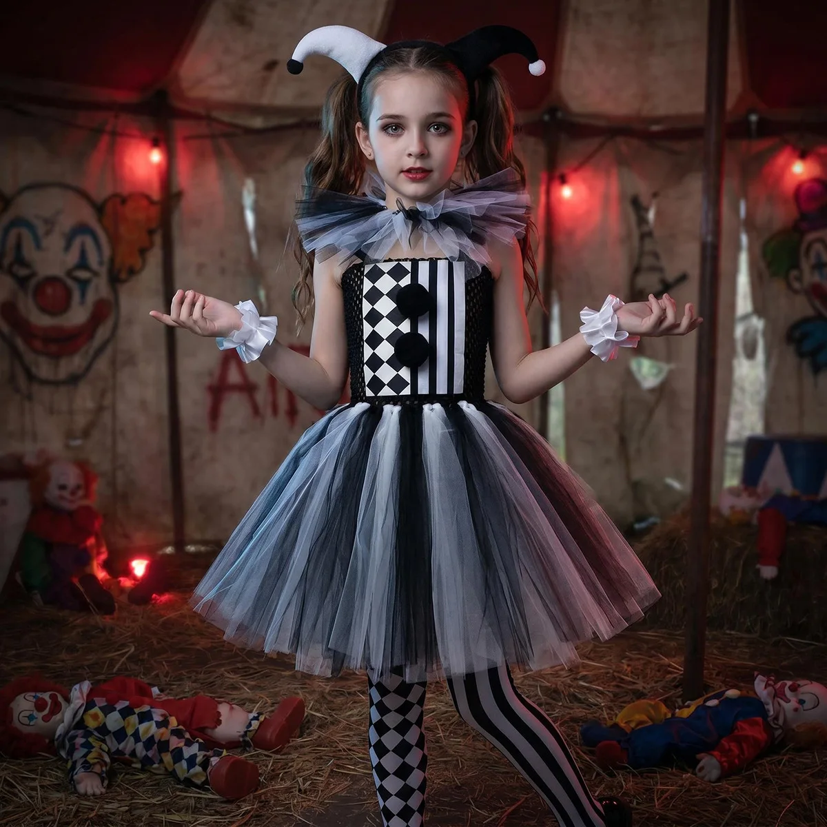 Mädchen Tüll Clown Tutu Cosplay Halloween Kostümset für Kinder, Musikfestival, Zirkus, Bühnenauftritt, Karnevalskleidung 2026 – Detail 1