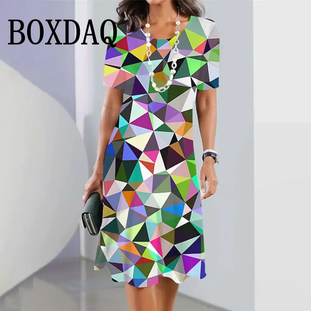 

Vintage Gradient Geometric Dresses For Women Abstract 3D Print Loose Mini Dress Fashion Casual Short Sleeve A-Line Dress Summer