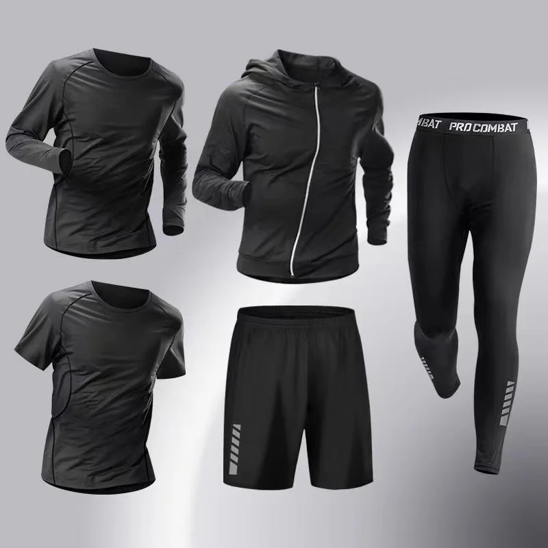 2024 Seasonal Half Zipper Men\'s Sports Tight Set with Elastic Quick Drying Five Piece Set for Training Cycling Running Fitness