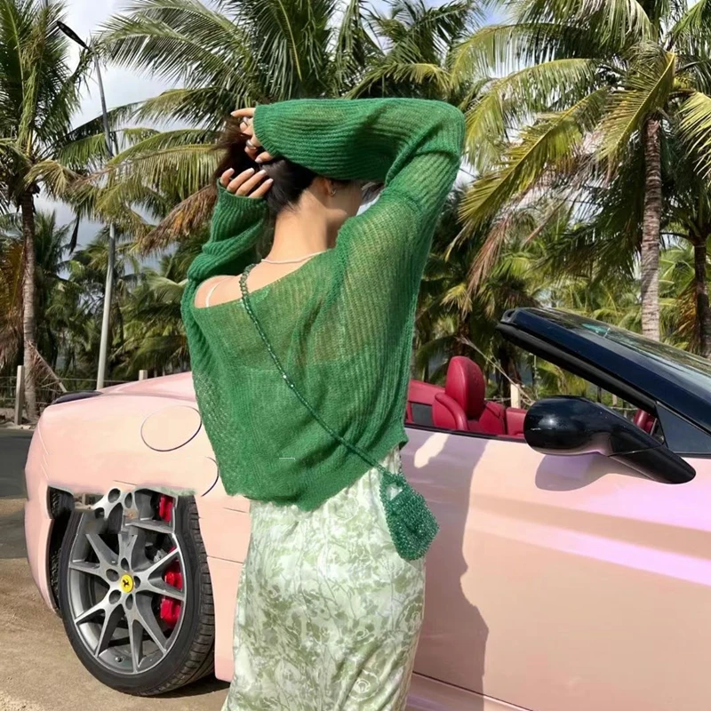 夏シンプルな中空軽量でわずかに透明な長袖ニットセーター春の新しい女性のプルオーバー