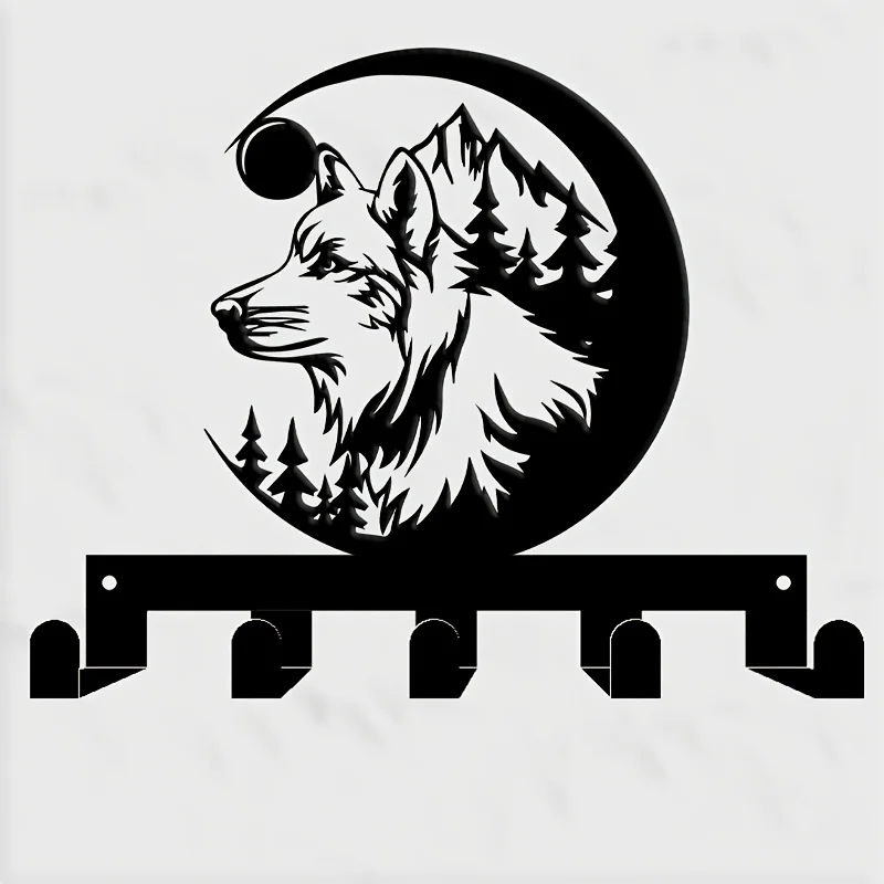 CIFBUY Wolf Mountain Metal Key Holder 5 Hooks Iron Wall Art Decor for Entryway Hallway Rustic Hanging Organizer