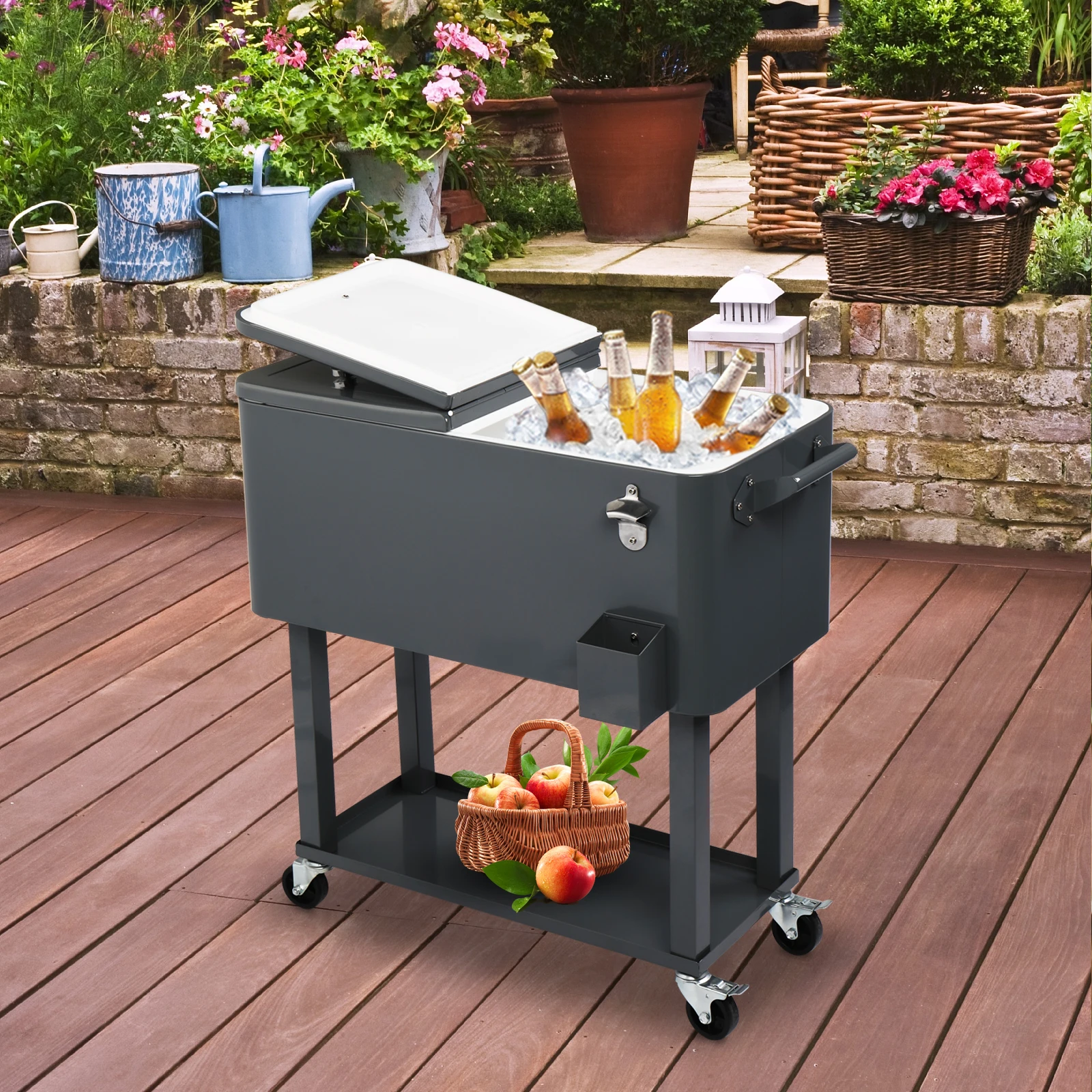 

80QT Rectangular Plastic Box Iron Foot Tube Refrigeration and Insulation Cart Dark Grey 87.5*91*38.5cm
