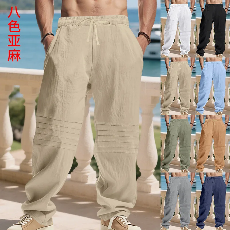 

Трансграничные осенние новые льняные мужские повседневные брюки Американские свободные простые дышащие прямые брюки