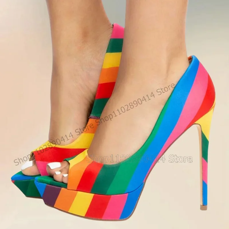 Colorful Stripe Print Peep Toe Platform Slippers Slip On Women Shoes Thin High Heels Sexy Dating Party 2026 Zapatos Para Mujere