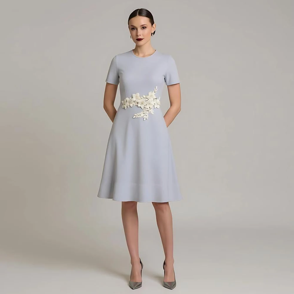 

Mother of the Bride Dress Short Sleeves O Neck A Line Knee Length Midi Wedding Guest Gowns Short 3D Flowers Elegant Formal Dress