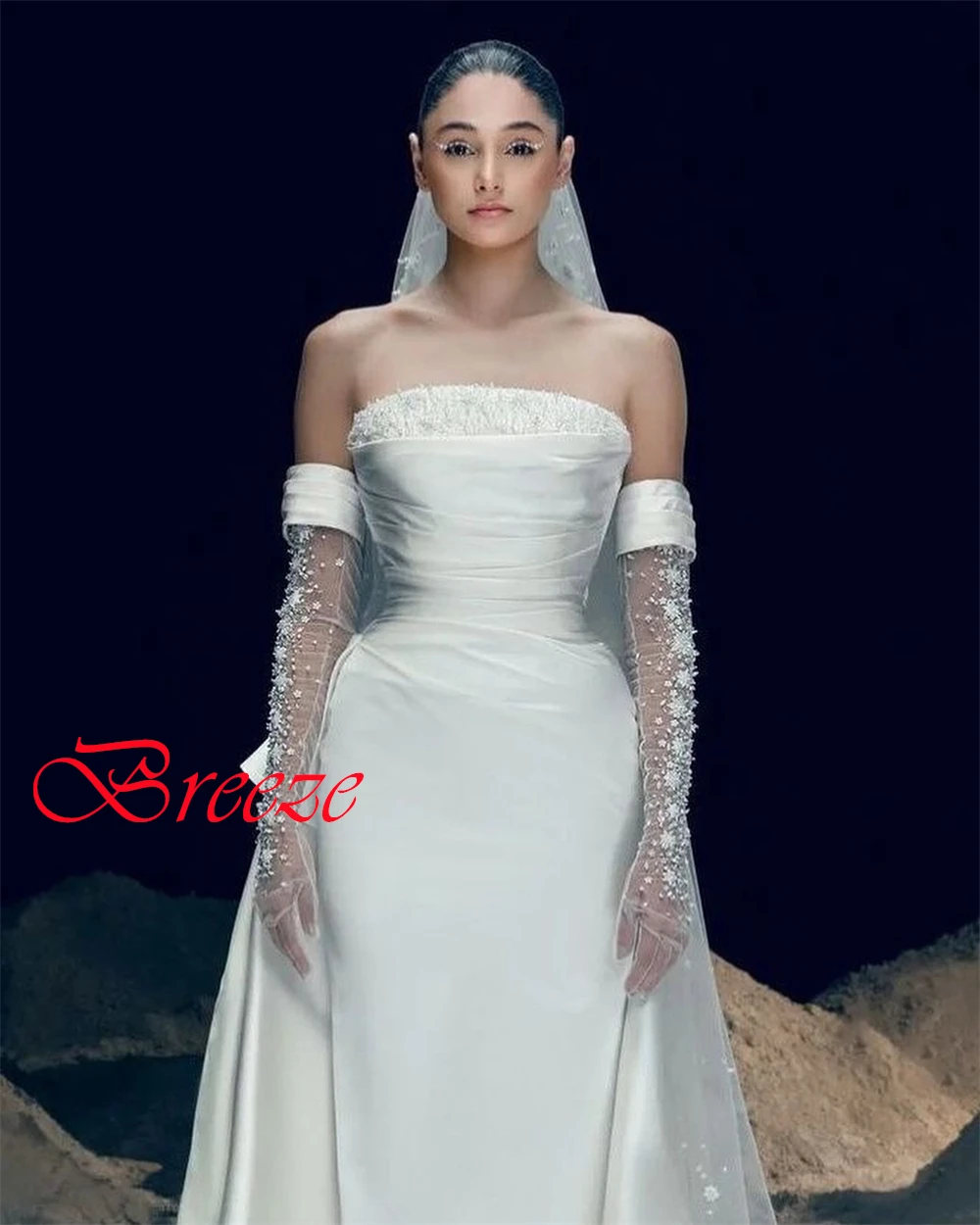 Aangepaste sexy witte satijnen trouwjurken eenvoudige strapless afneembare mouw lange mouwen bruidsjurken rugloze zeemeerminjurk