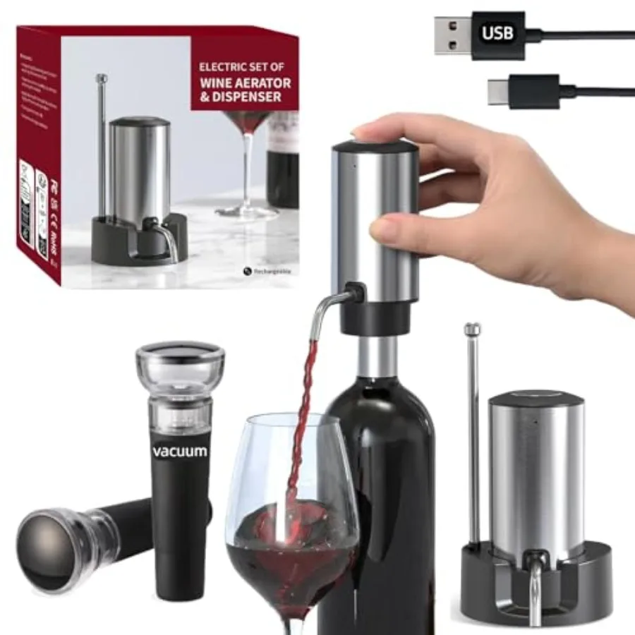 

Rechargeable Electric Wine Aerator and Dispenser Set, Electric Wine Decanter with 2 Vacuum Wine Stoppers, Charging Base, Stainl