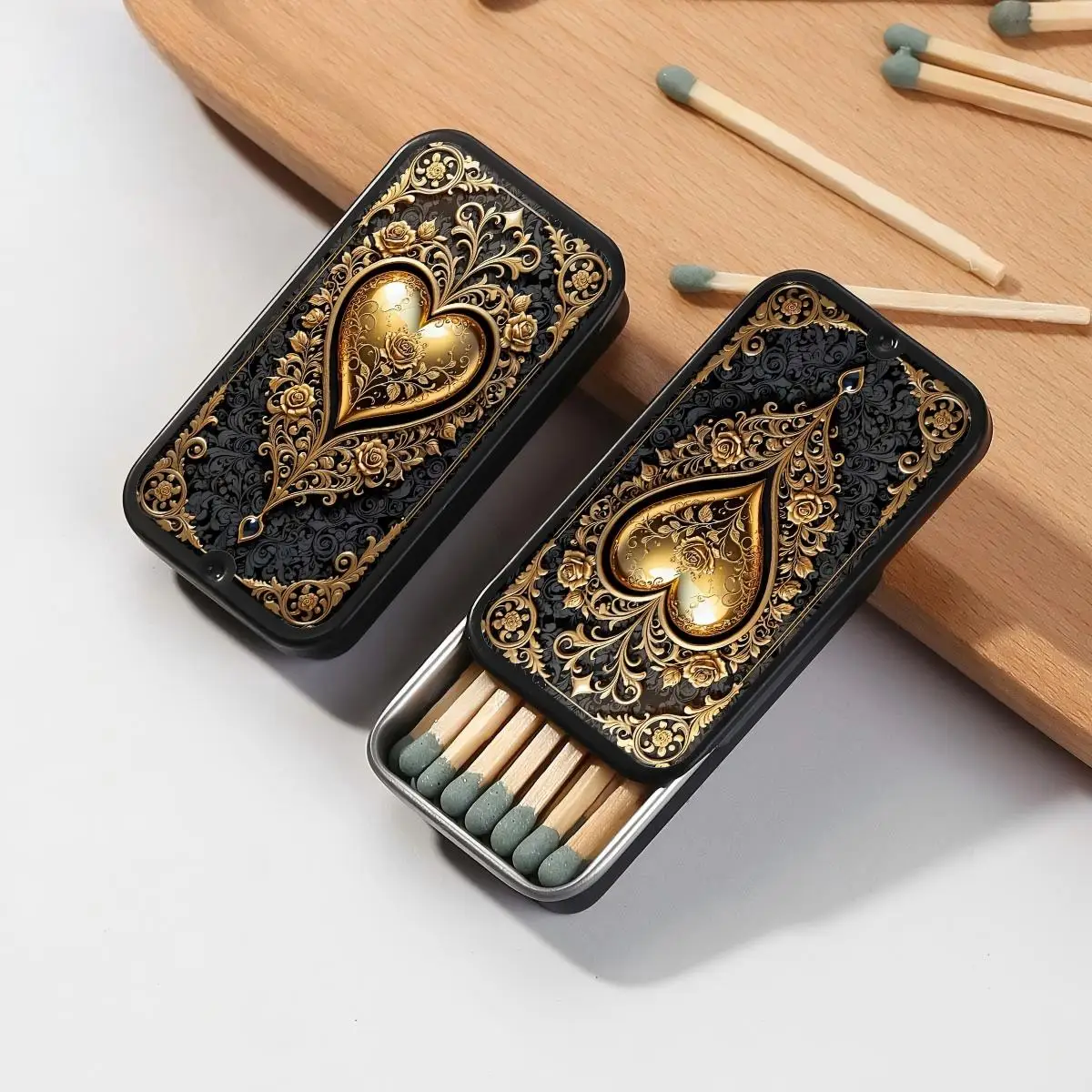 Black gold rose heart-shaped pattern retro court style fire wood box without matches, supports coin and small accessory storage