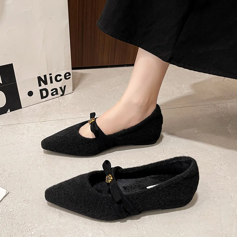 

Женская меховая обувь с острым носком, увеличивающая рост, осенне-зимняя новая флисовая обувь Мэри, женская модная повседневная хлопковая обувь