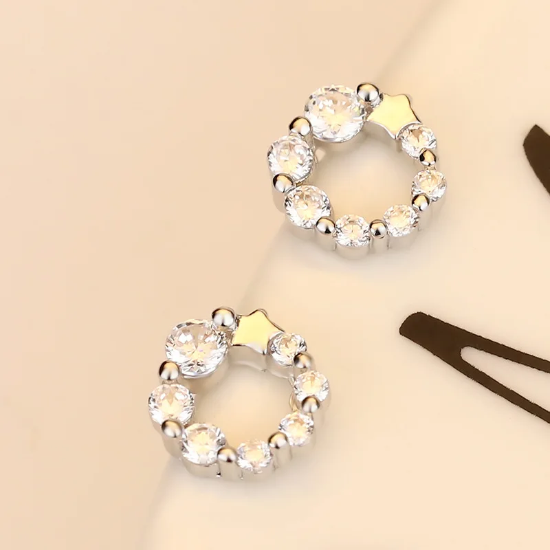 

Exquisite 925 Sterling Silver Women's Stud Earrings with Diamonds, Lucky Star Style