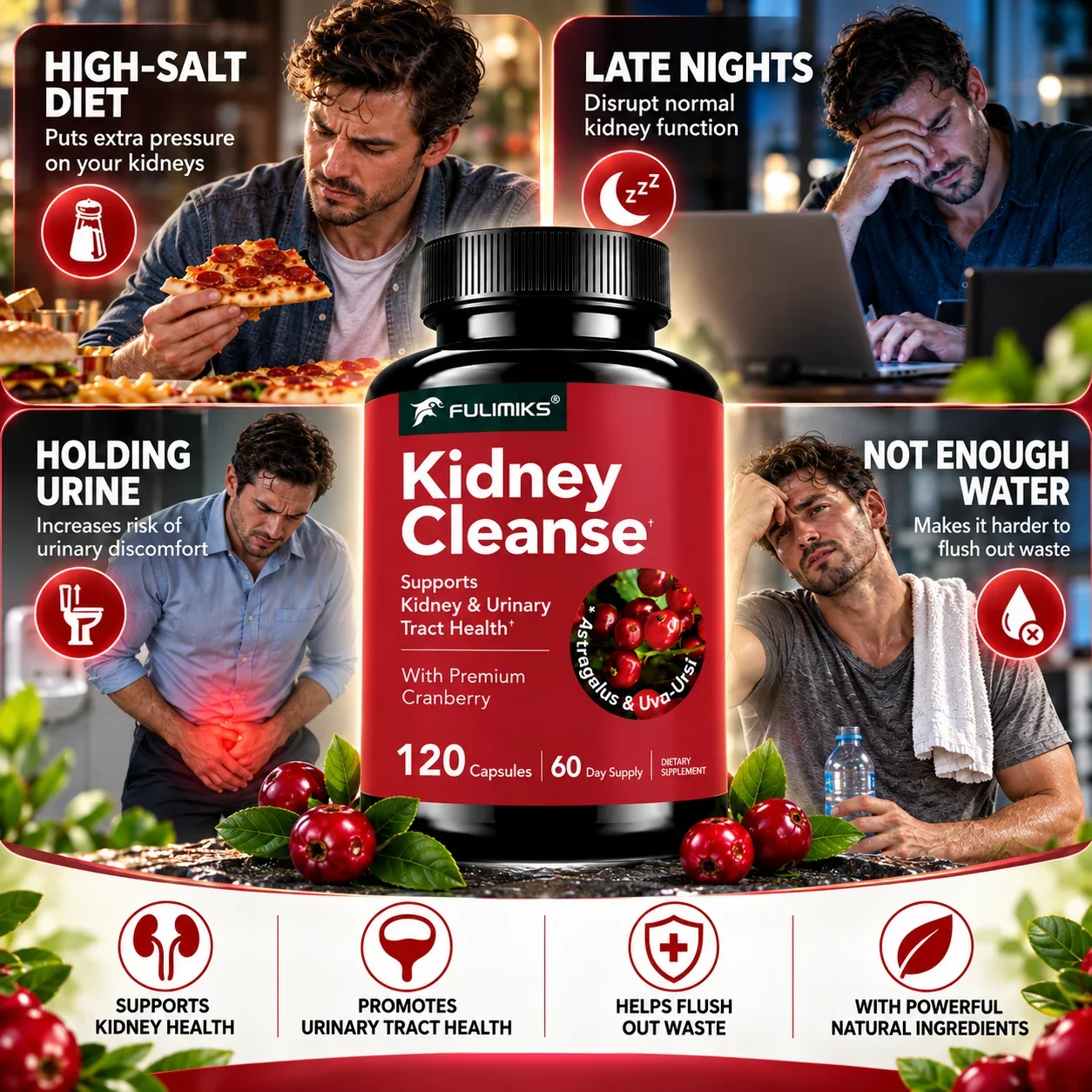 Kidney Cleanse Capsules, Premium Cranberry, Support Kidney & Urinary Tract Health, Promote Natural Cleansing & Detoxification