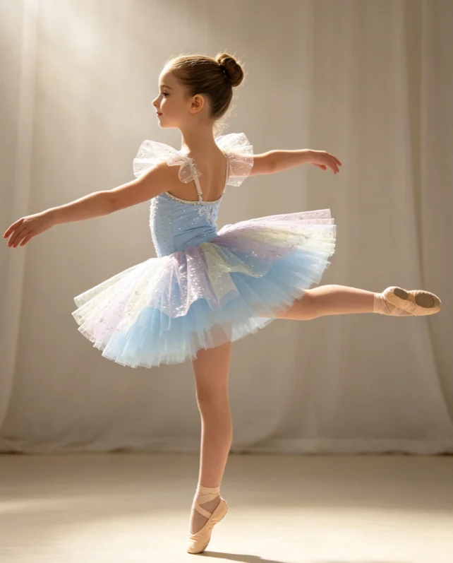 Girls Ballet Rainbow Color Fluffy Mesh Tutu Dress Children Swan Dance Kindergarten Festival Stage Performance Holiday Party Set