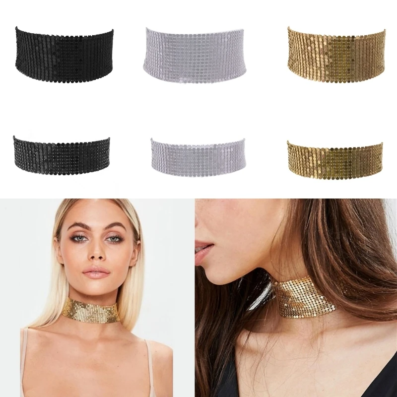 Women Rhinestone Choker Necklace Shiny Wide Crystal Collar Chain Female Girls Solid Color Party Club Bling Neck Chain Scarf