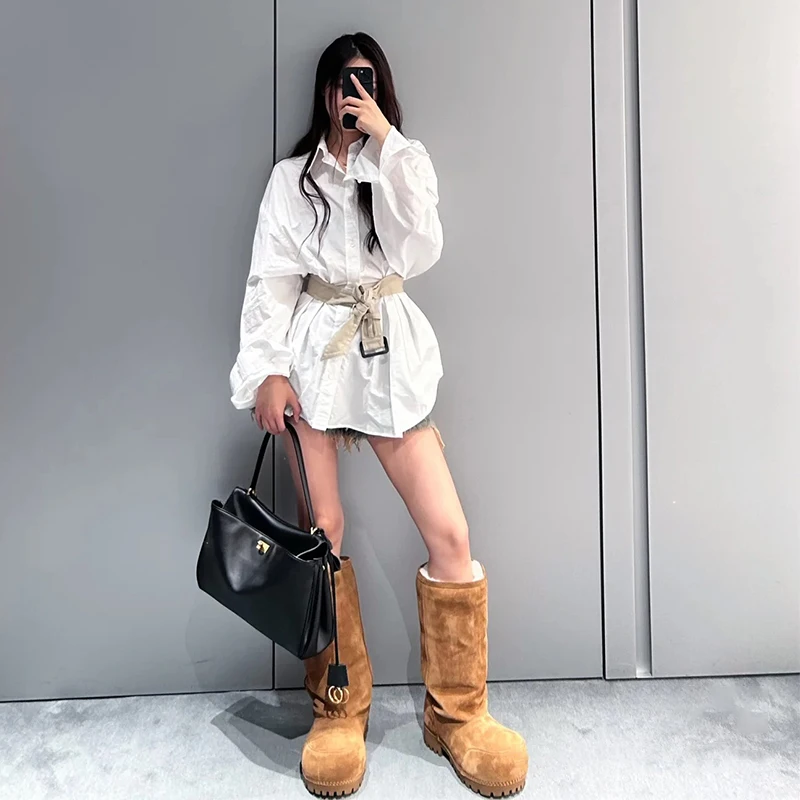 Fashionable Snow Boots Platform Elevating Warm Cotton Shoes Warm Big Head Design Long Boots Ladies All-over Brown Long Boots