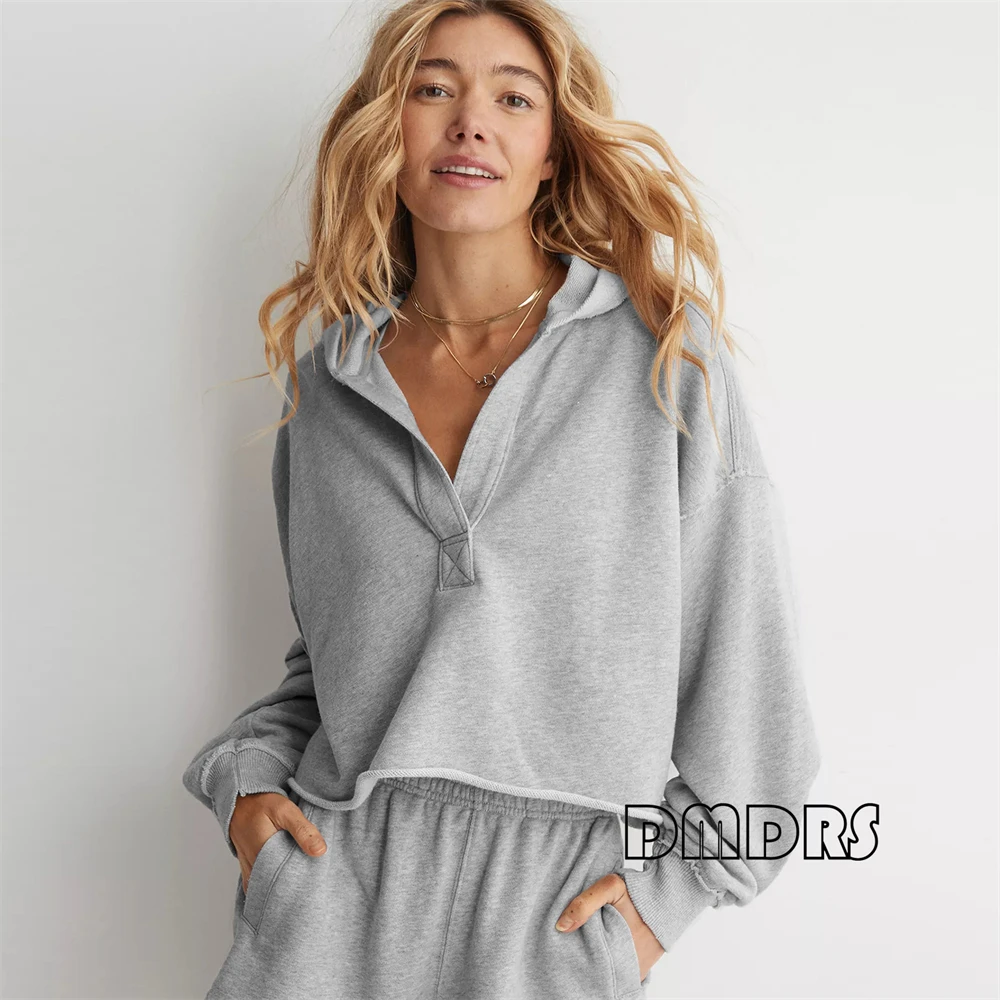

Fashionable Loose Hooded Sweatshirt for Women in Spring Autumn V Neck Pull Over S-XL Women's Oversize Knitted Hoodie