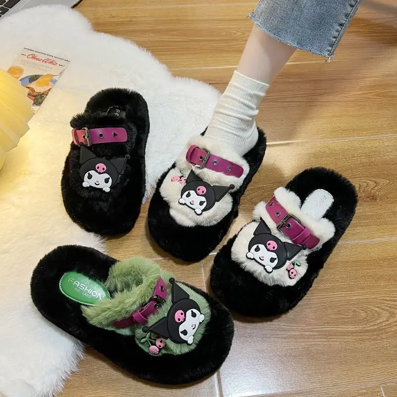 

Sanrio Girl Kuromi Kawaii Fashion Mao Mao Slippers Student Autumn and Winter Thick Sole Non-Slip Cotton Slippers New Style