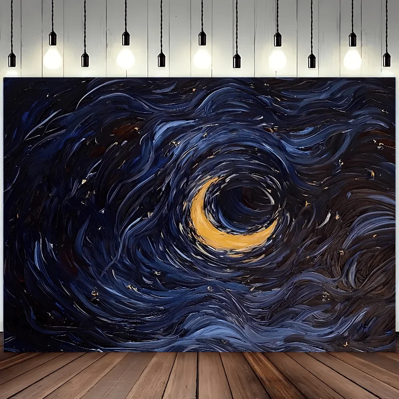 Starry Moon Tapestry, Swirling Night Sky with Crescent Moon, Abstract Cosmic Wall Hanging for Living Room Bedroom