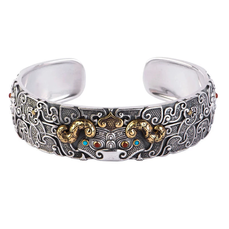 Exquisite Carved Mythical Wild Animal Retro Open-End Bracelet Men's Twist Armband Cuff Bracelet Trend Domineering Jewelry Gift