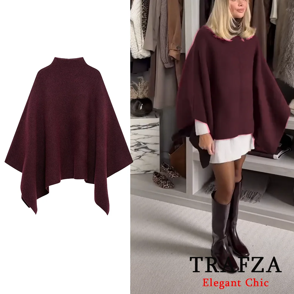 TRAFZA-Women Elegant Knitted Cape Coat Asymmetrical Burgundy Coat New 2024 Fashion Fall Winter Classic Vacation Dinner Date Coat