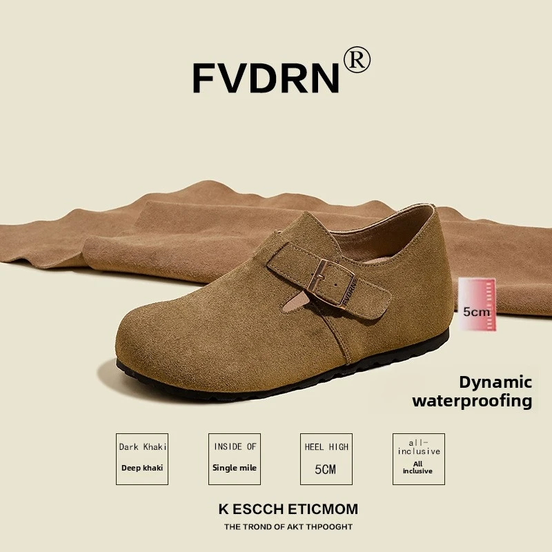 

5CM Waterproof, Arch Support Leather Flat Cork Clogs Shoes Closed Toe Suede Platform Slippers for Outdoor Casual Sandals Shoes