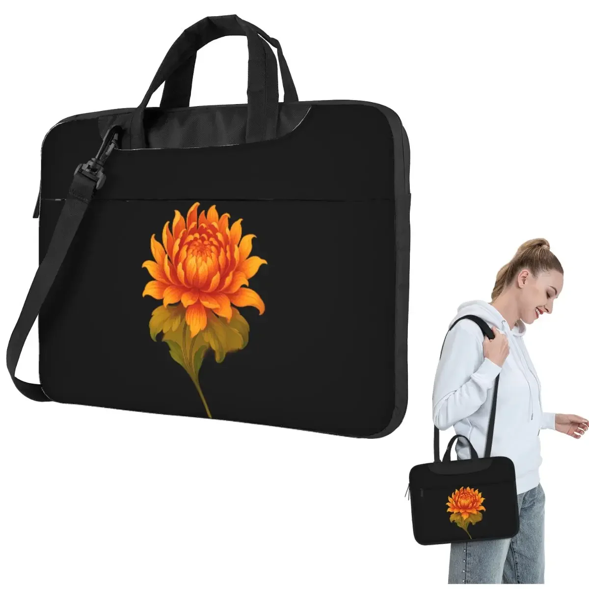 Golden Chrysanthemum Flower Art Crossbody Laptop Bag Case Computer Bag Resistant Protective Notebook Pouch for Macbook Pro