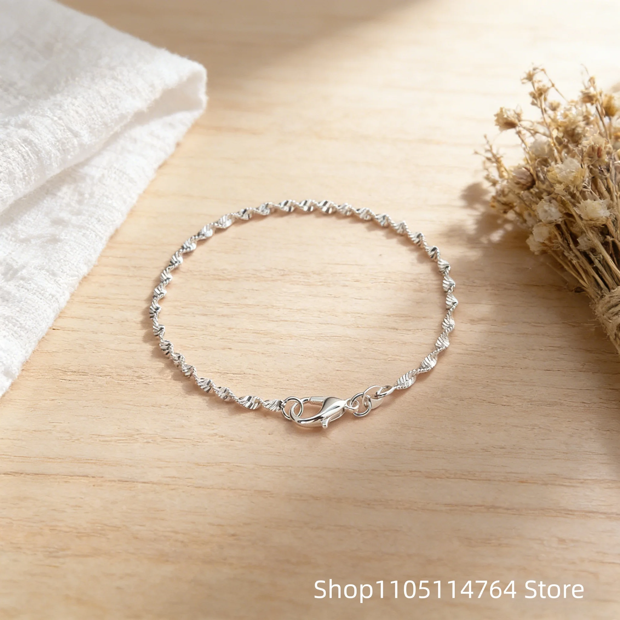 925 Sterling Silver Water Wave Twisted Chain Bracelet Minimalist Delicate Bracelet for Women Jewelry Gift
