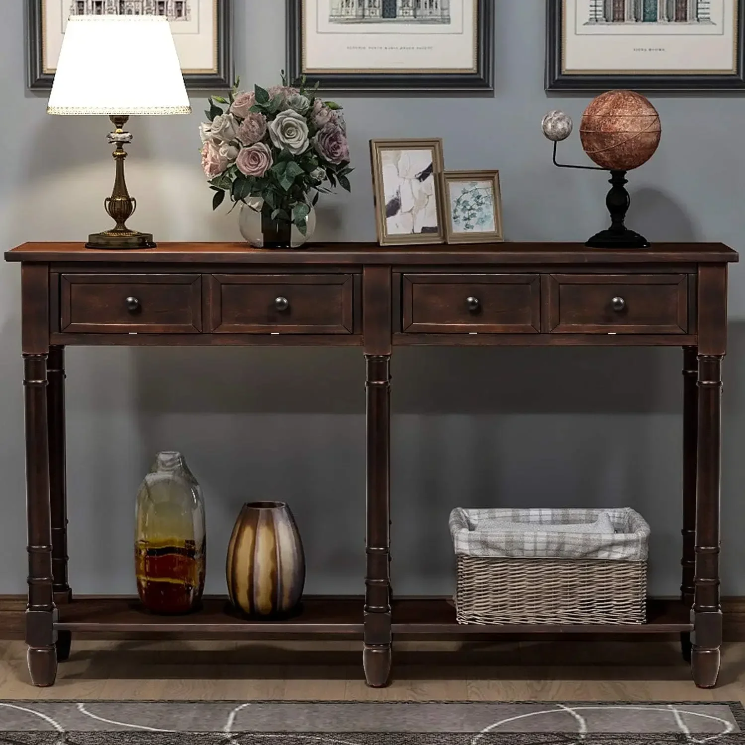 Wood Console Table Sofa Table with Two Storage Drawers and Bottom Shelf for Living Room, Entryway, Easy Assembly