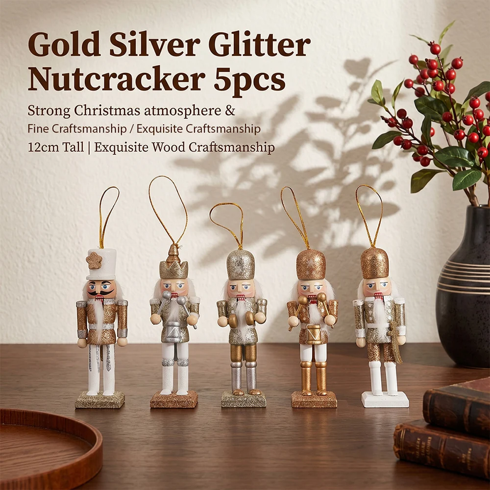 5 Stück 12cm Nussknacker-Puppen aus Holz, Handgefertigte Soldatenfiguren, Tischdekoration, Christbaumanhänger, Weihnachts- und Neujahrsdekoration – Detail 7