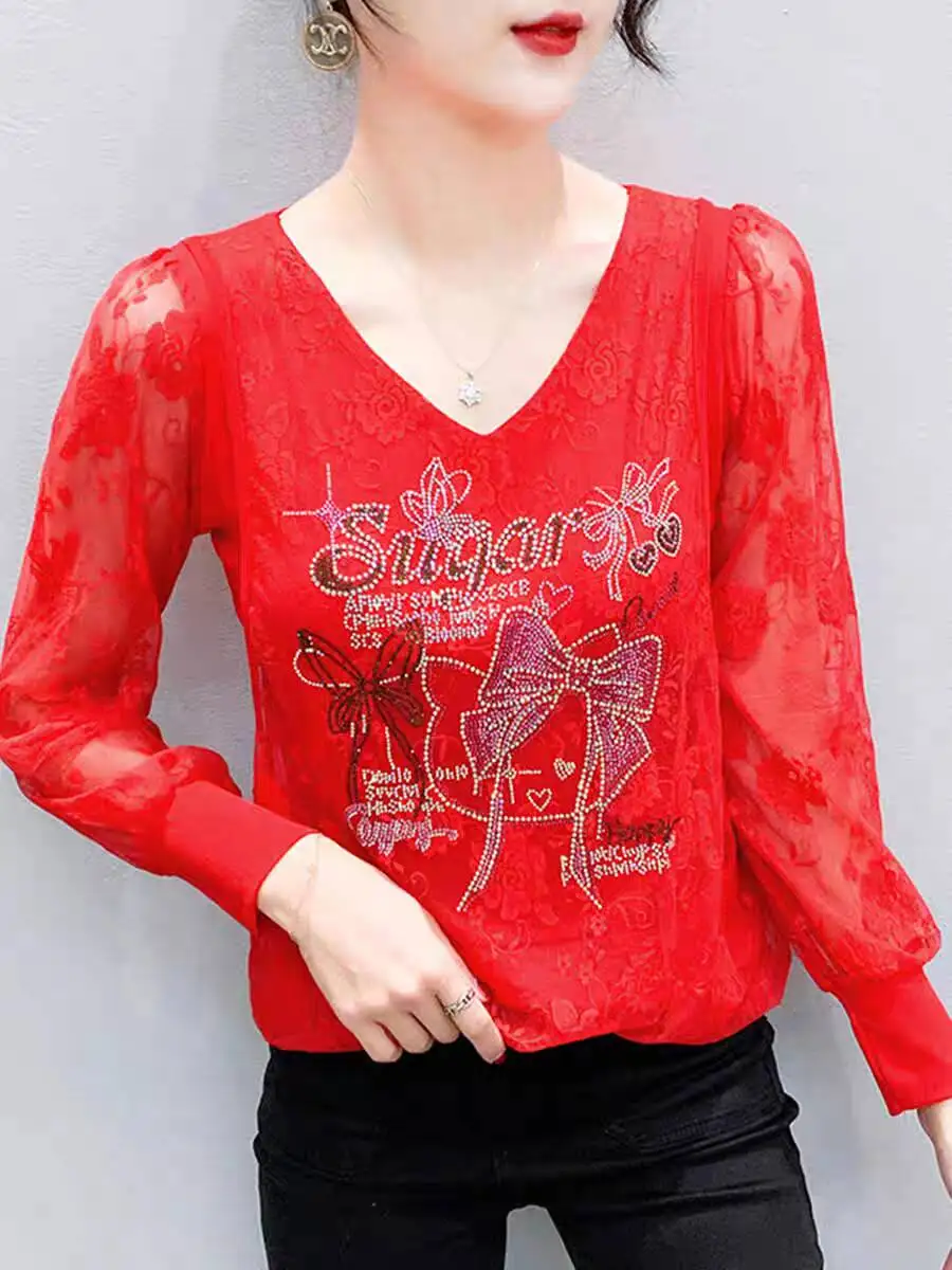 2025 جديد وصول الماس مجموعة مقوس دانتيل الفن الساحرة تي شيرت الربيع الصيف امرأة طويلة الأكمام فانوس كم شير عارية الذراعين