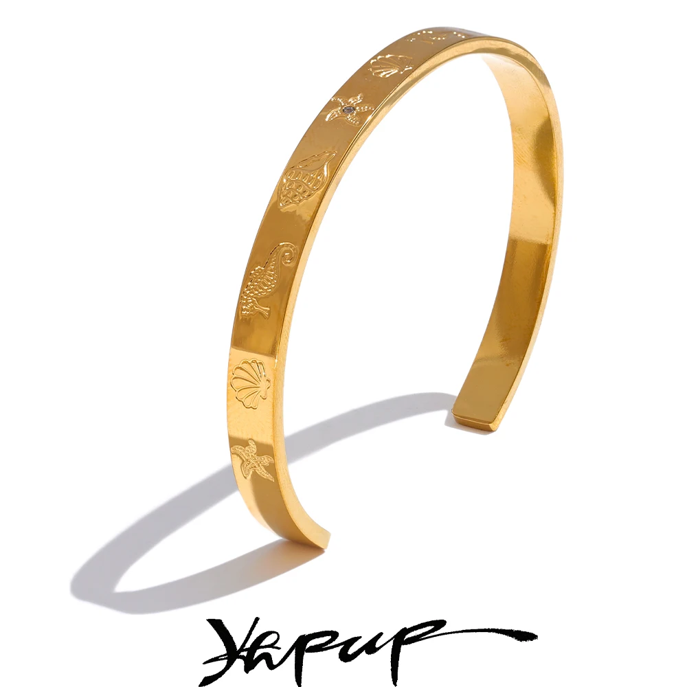 Yhpup Ocean Series Stainless Steel Shell Seahorse Starfish Conch Open Bracelet Bangle Tarnish Resistant Summer Holiday Jewelry