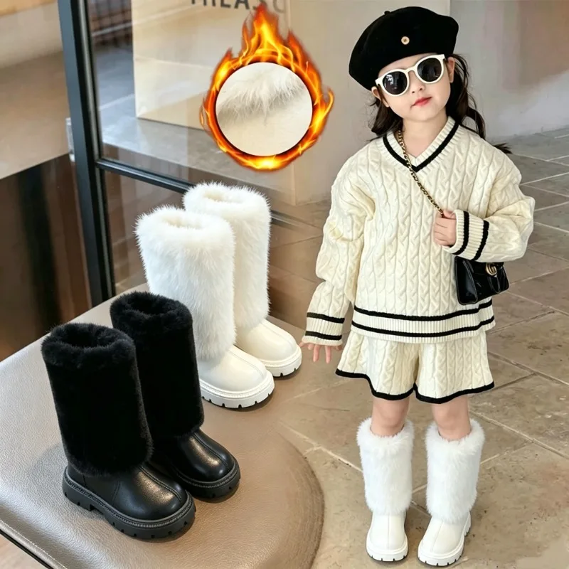 Girls Furry Knee High Boots Ages 3-18 Fashion Fleece Lined Thickened Warm Kids Shoes White Non Slip Thick Sole Children's Boots