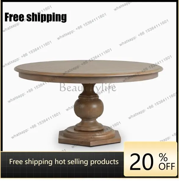 XX. French solid wood household small apartment round table American retro round table with turntable