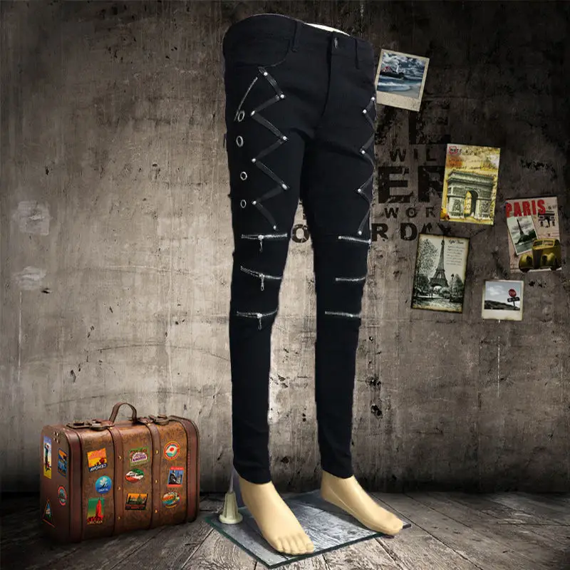 Men's Casual Pants Hairstylist Fashion Slim-fitting Pants Non-mainstream Alternative Willow Spikes Leather Leggings