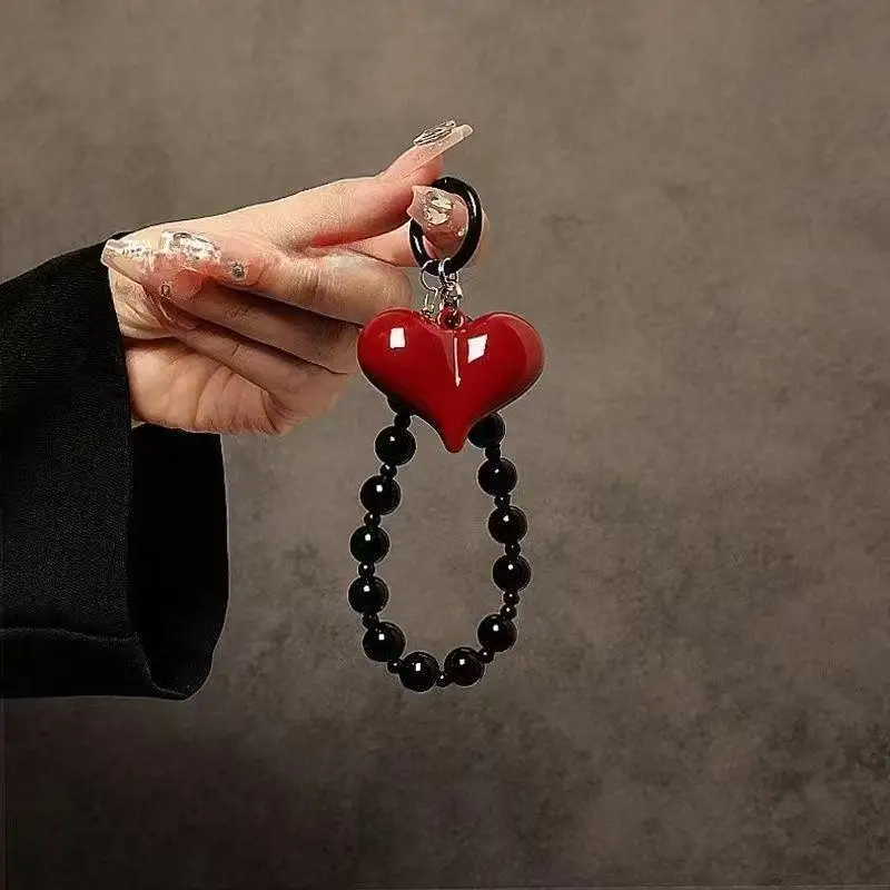 Rotes 3D-Liebesherz Perlen-Handyanhänger Anti-Verlust-Hängekette Ästhetischer Schmuck für Teenager-Mädchen Handytaschen-Ornament Geschenk – Detail 3