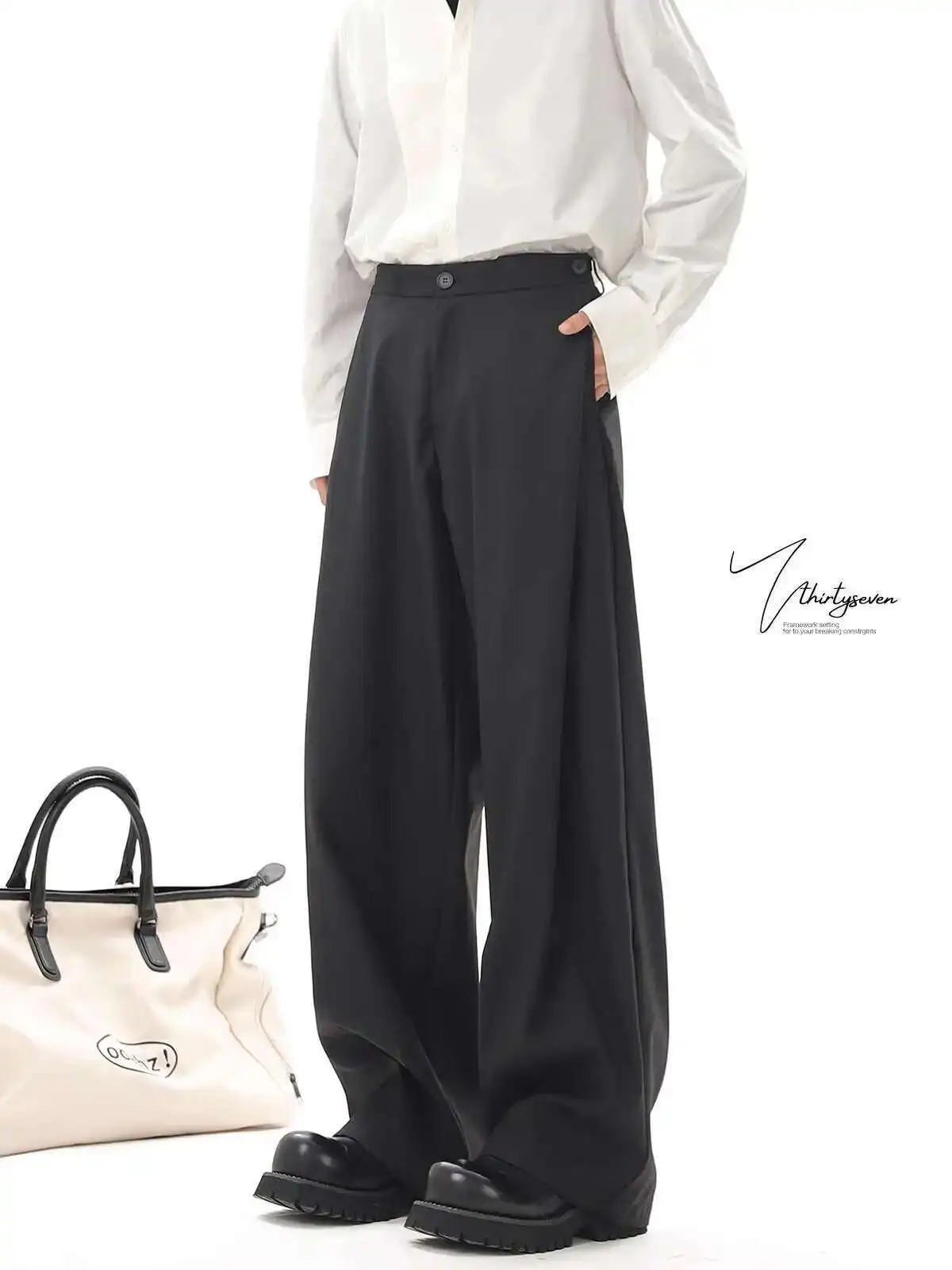 High Waist Gray High-end Suit Pants For Men's Summer Fashion Suit Pants Loose Straight Leg Wide Leg Hanging Casual Pants