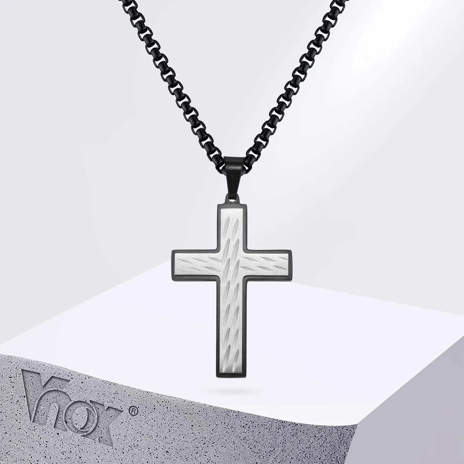 Vnox Oblique Knife Patterned Striped Pendant Two Tone Thickening Men Cross Necklaces Gifts Religious Pendant Christian Jewelry