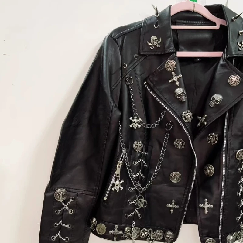 Original Design Punk Black Sweet Cool Rock Women's Leather Jacket 2025 Goth Heavy Industry Rivet Chain Dark Loose Coat Ladies
